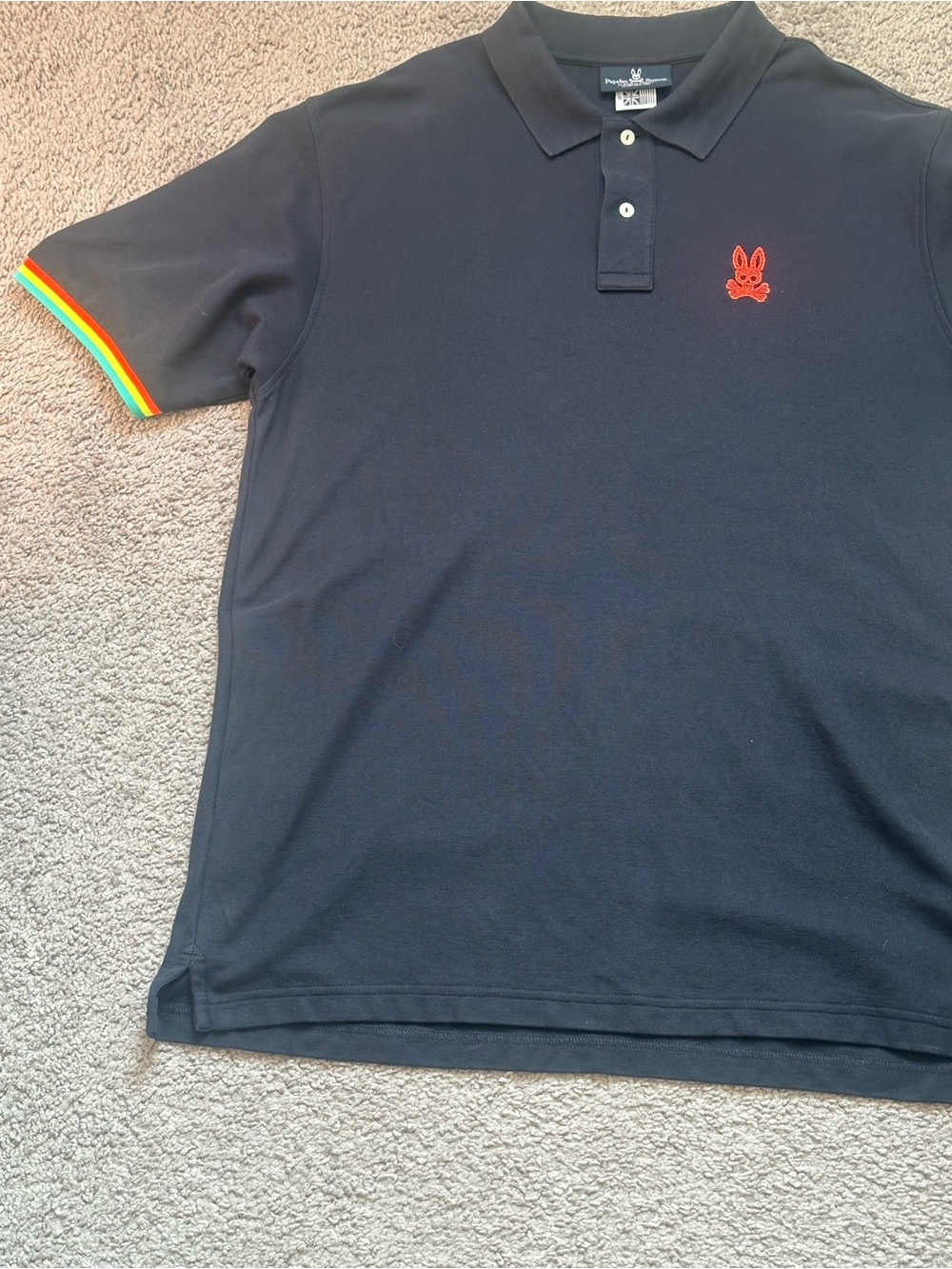 Psycho Bunny Navy Polo with Red Logo and Rainbow Sleeve Trim - Picture 2 of 10